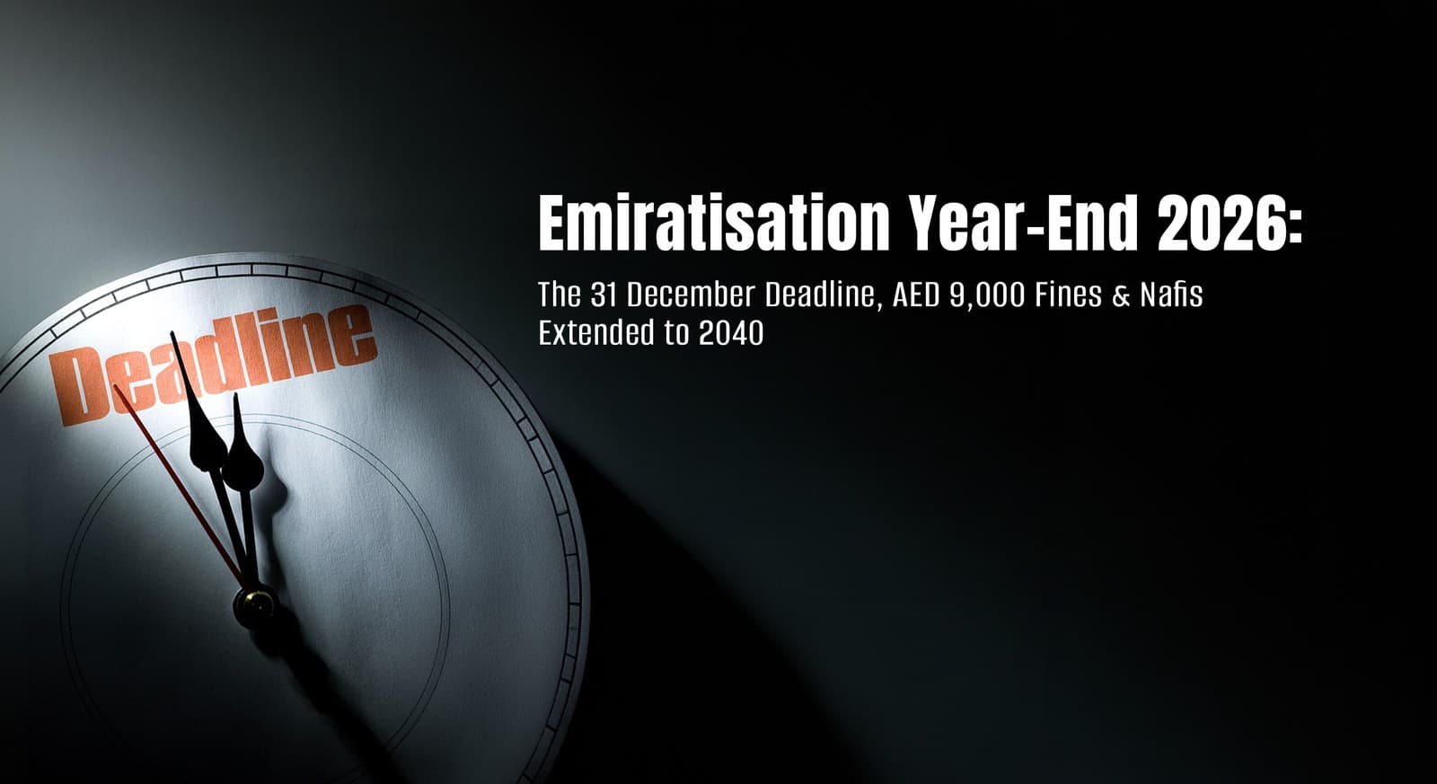 A clock face reading 'Deadline' with its hands closing in on midnight, beside the headline 'Emiratisation Year-End 2026: The 31 December Deadline, AED 9,000 Fines & Nafis Extended to 2040' — the final Emiratisation compliance checkpoint UAE employers face this year