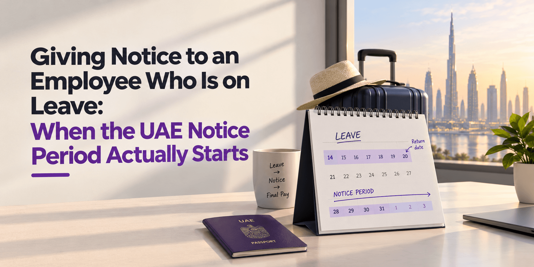 Giving notice to an employee who is on leave in the UAE — a desk calendar marking the leave dates, the return date and the notice period that follows, beside a suitcase, sun hat and UAE passport with the Dubai skyline in the background