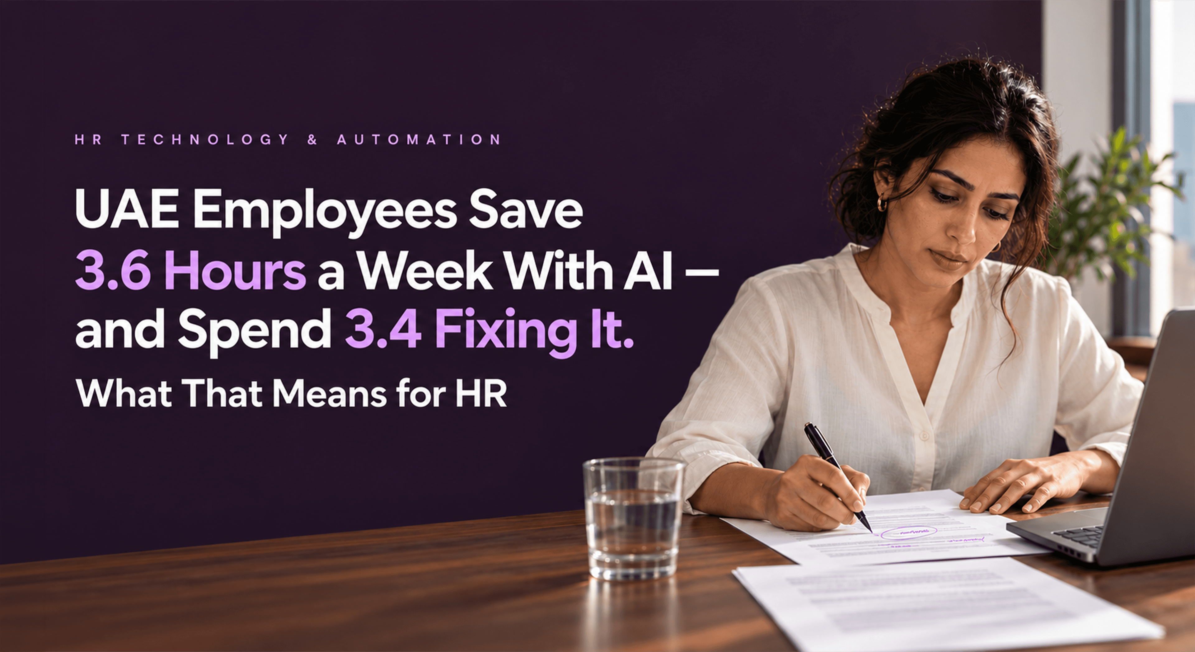 An HR professional at a desk marking corrections on a printed document beside a laptop, next to the headline 'UAE Employees Save 3.6 Hours a Week With AI — and Spend 3.4 Fixing It'