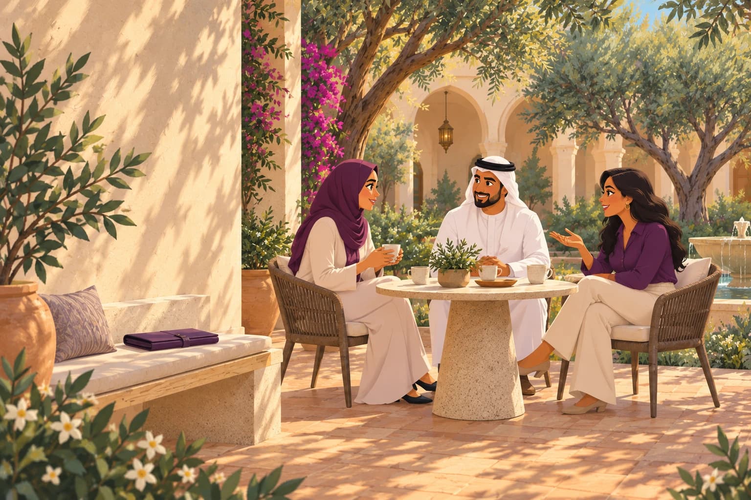 Illustration of colleagues sharing a quiet moment in a sunlit courtyard garden