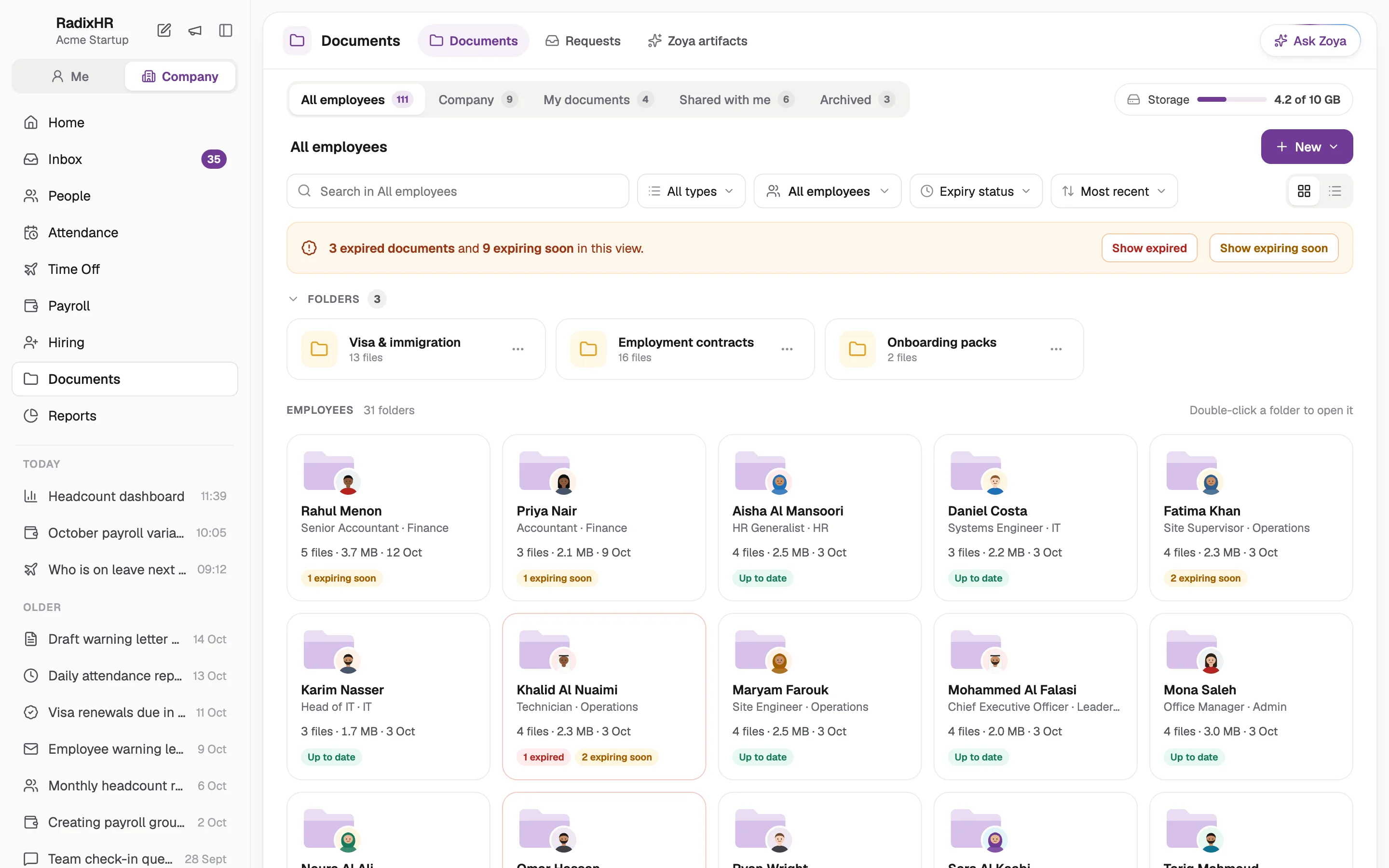 The documents view: every employee's visa, ID and contract with status and expiry, and what is due in the next 90 days.