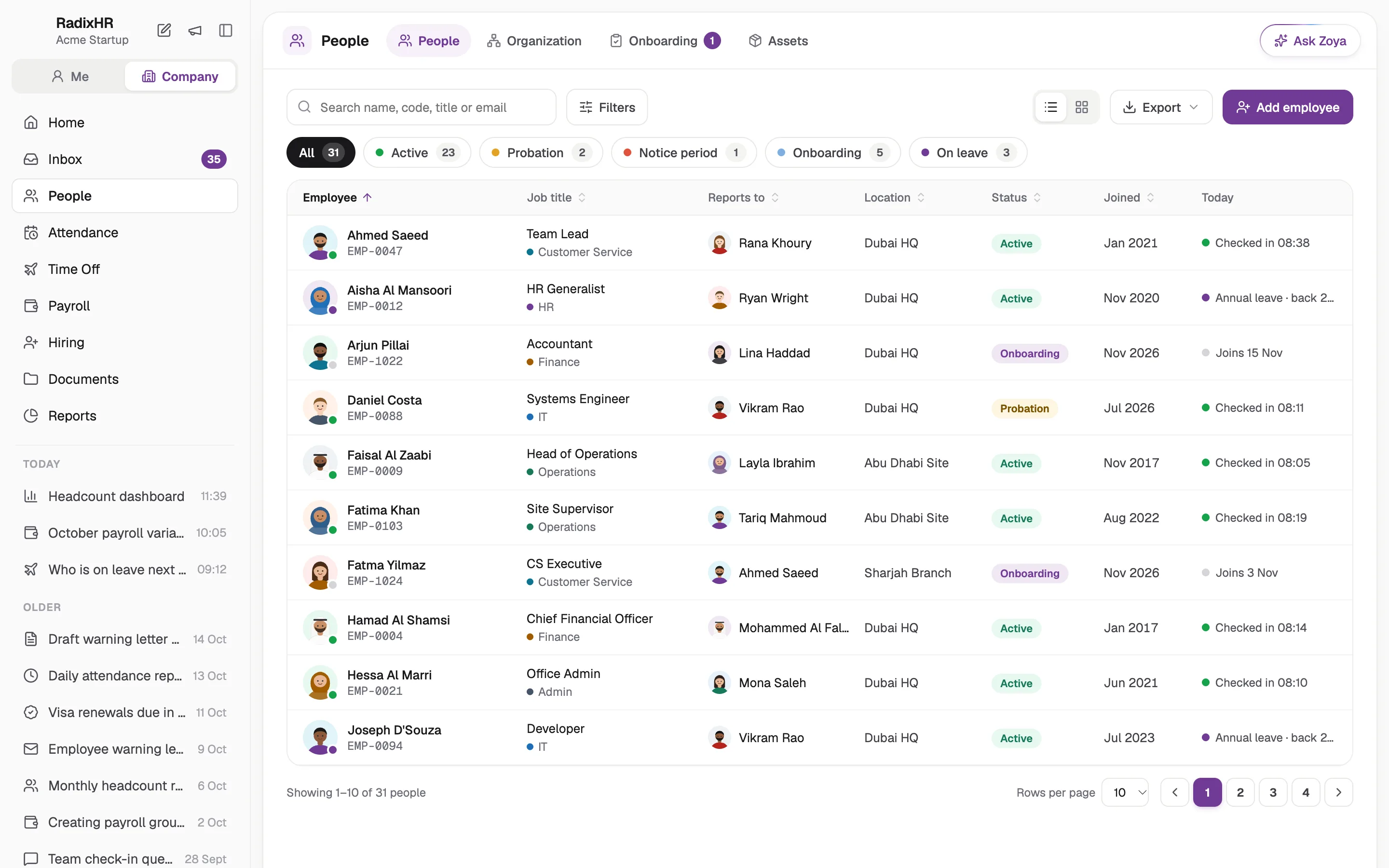 The people directory: every employee with department, role, status and documents, filtered by team.