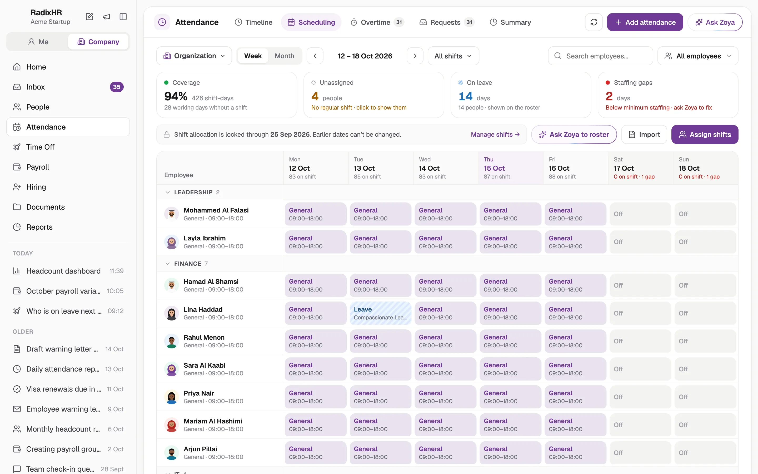 The shift planner: a week's roster by person and site, with coverage and unassigned shifts highlighted.