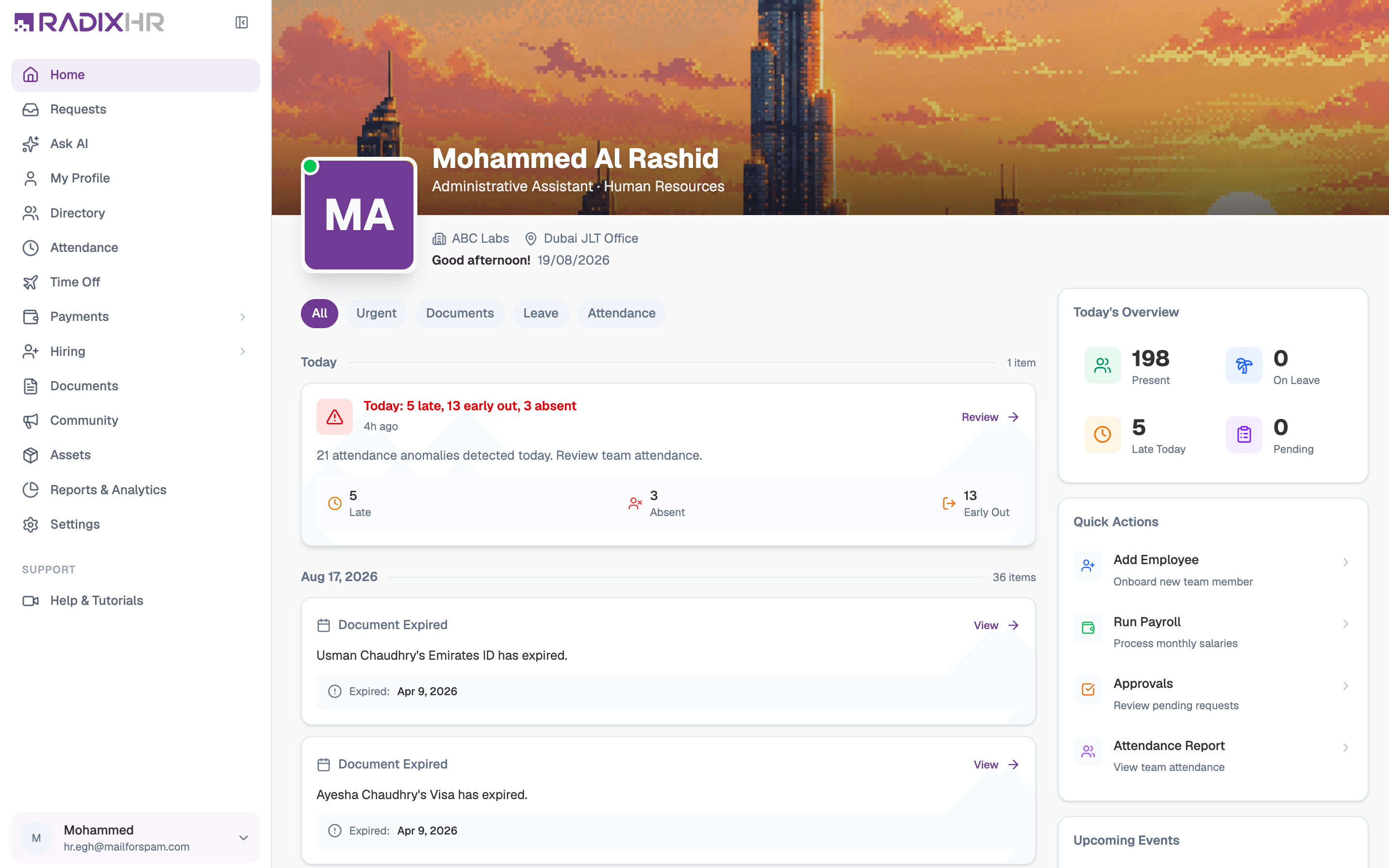 The RadixHR dashboard: an employee home screen with today's attendance anomalies, expiring documents, headcount overview and quick actions for payroll and approvals.